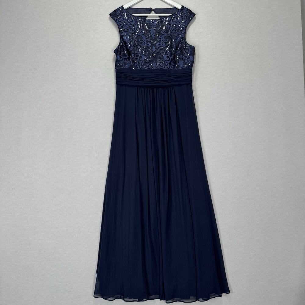Eliza J Sequin Embroidered Chiffon Formal Gown Womens 12 Navy Maxi Dress Evening - Picture 2 of 16